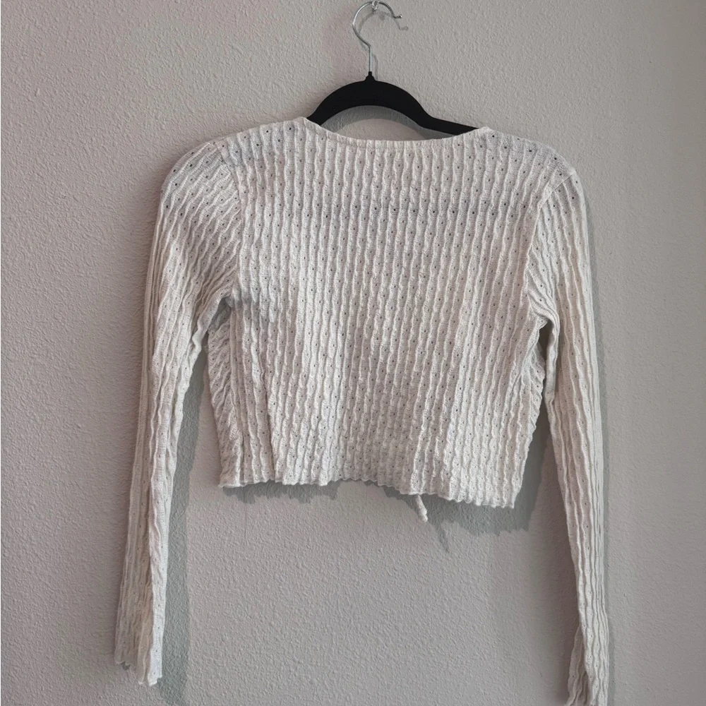 Atelier White Ribbed and Ruffled Crop Blouse with Ties